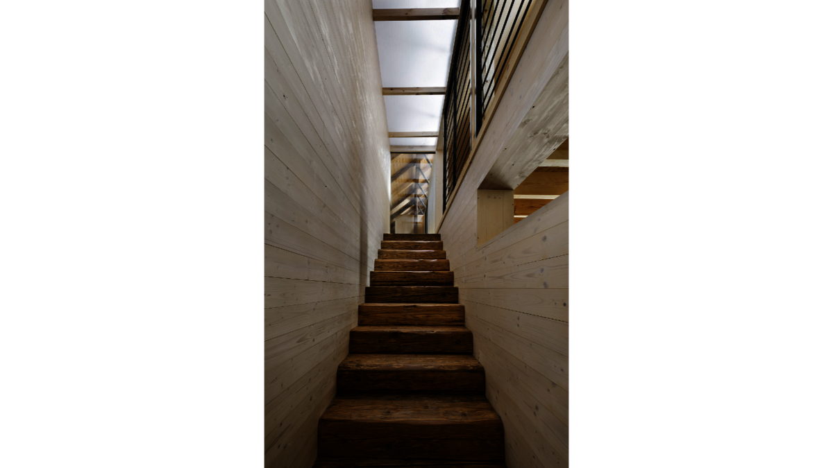 A2F Architekten Bilka Barn Scheunenumbau Treppe aus alten Holzbalken